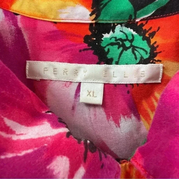 Perry Ellis Vibrant Floral Tulip Button Down Short Sleeves‎ Side Slits Sz XL - Picture 6 of 9